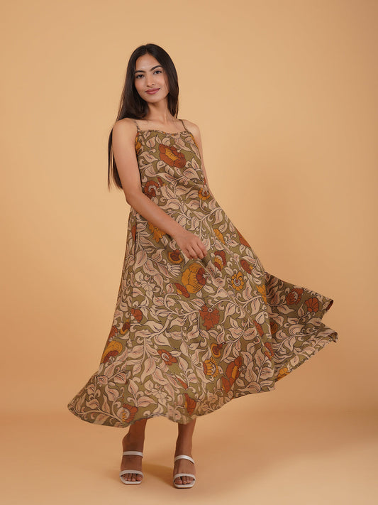Olive Printed Long Cotton Spaghetti Dress