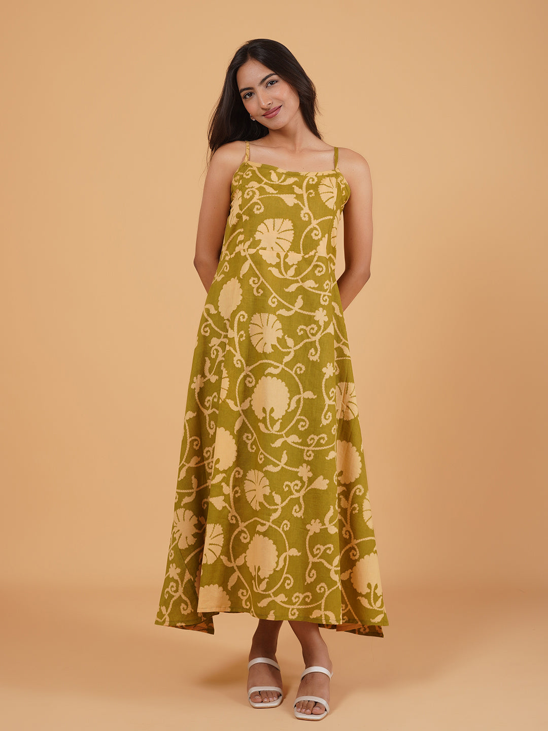 Green Printed Long Cotton Spaghetti Dress