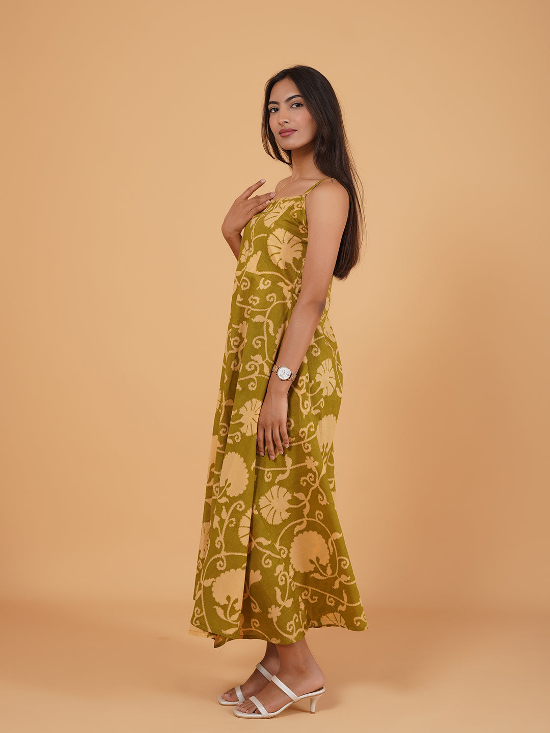 Green Printed Long Cotton Spaghetti Dress