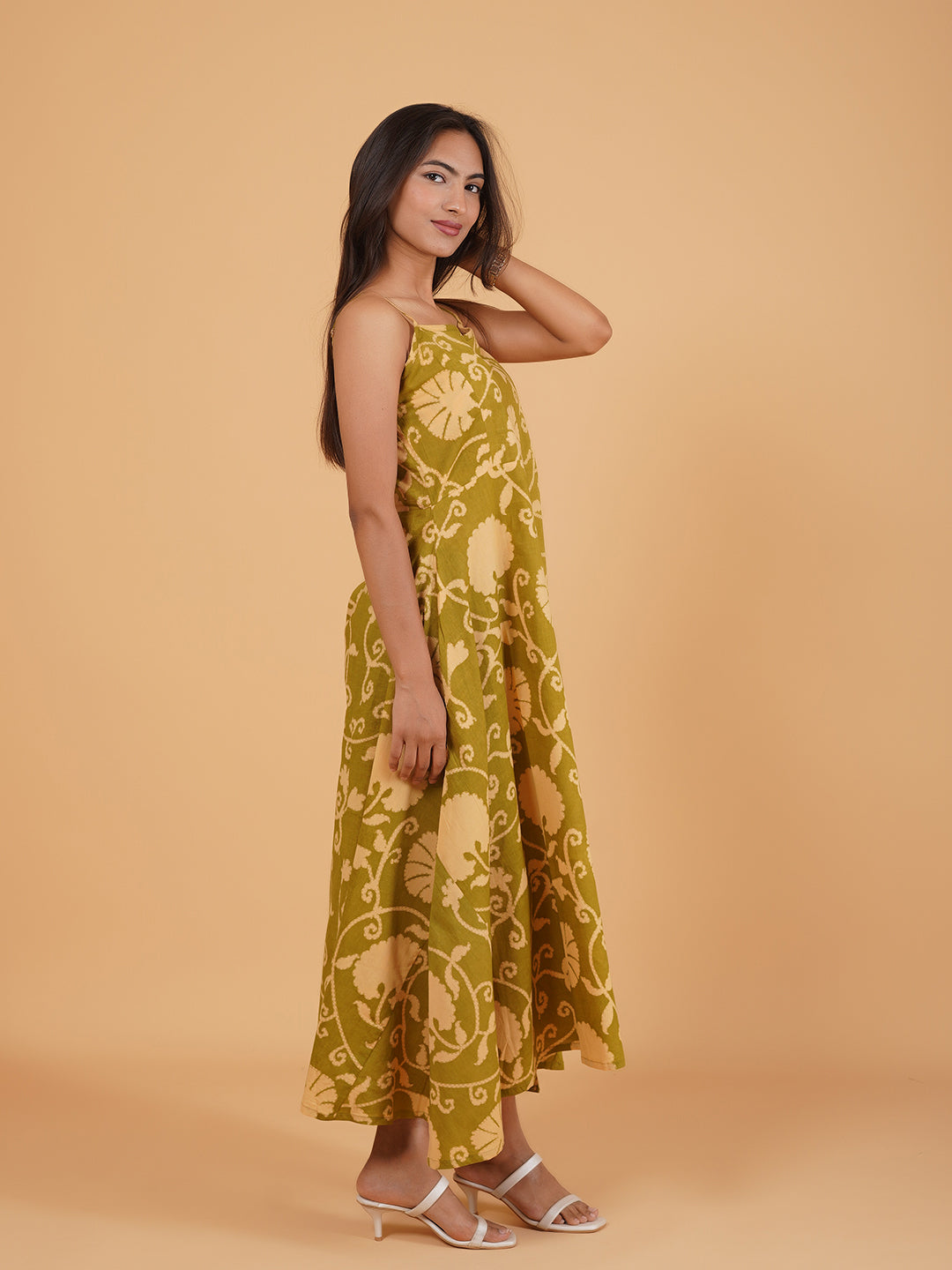 Green Printed Long Cotton Spaghetti Dress