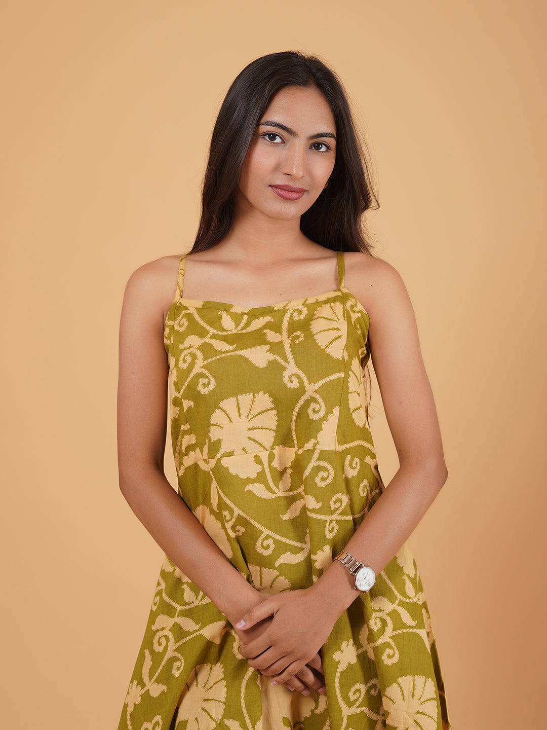 Green Printed Long Cotton Spaghetti Dress