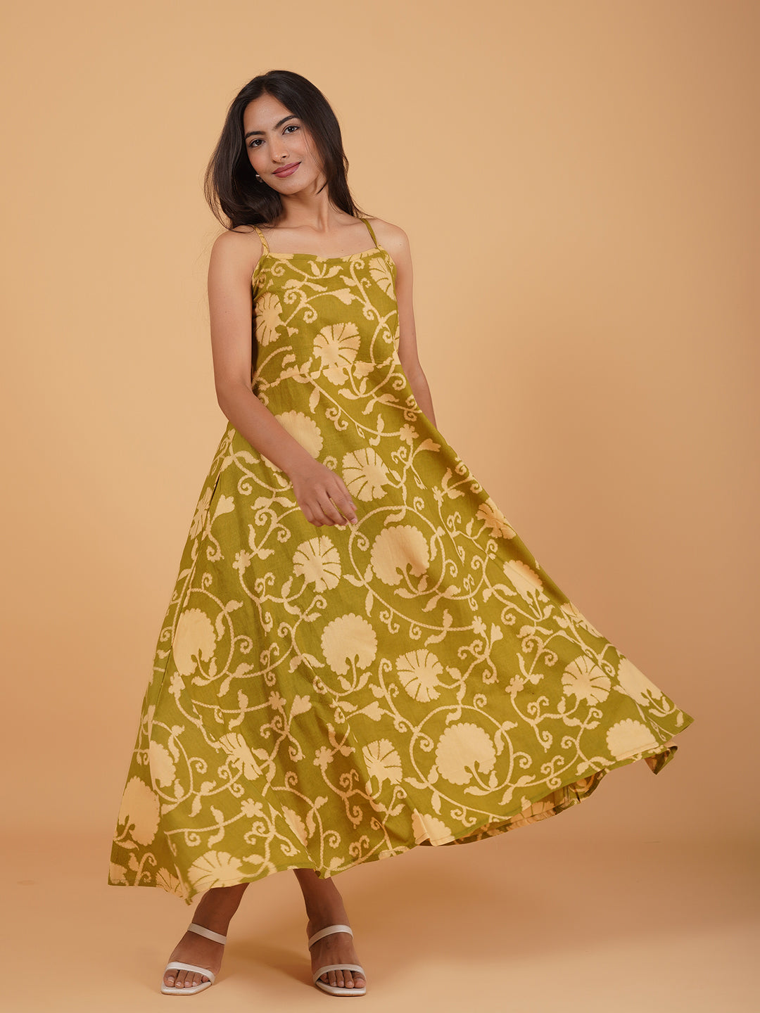 Green Printed Long Cotton Spaghetti Dress