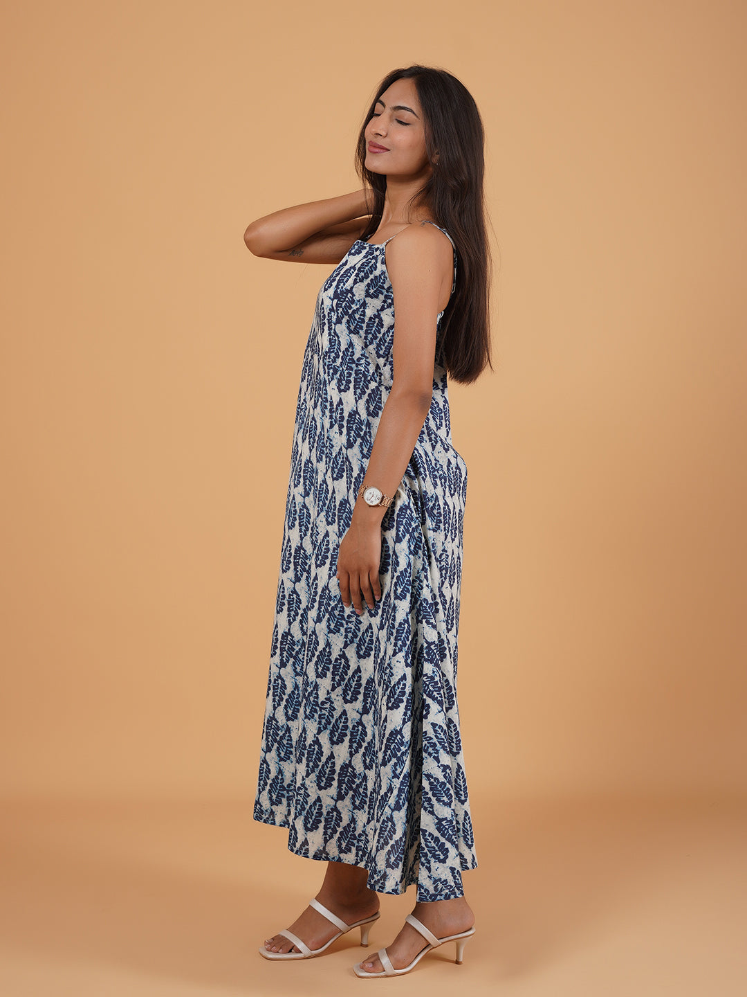 Blue Printed Long Cotton Spaghetti Dress
