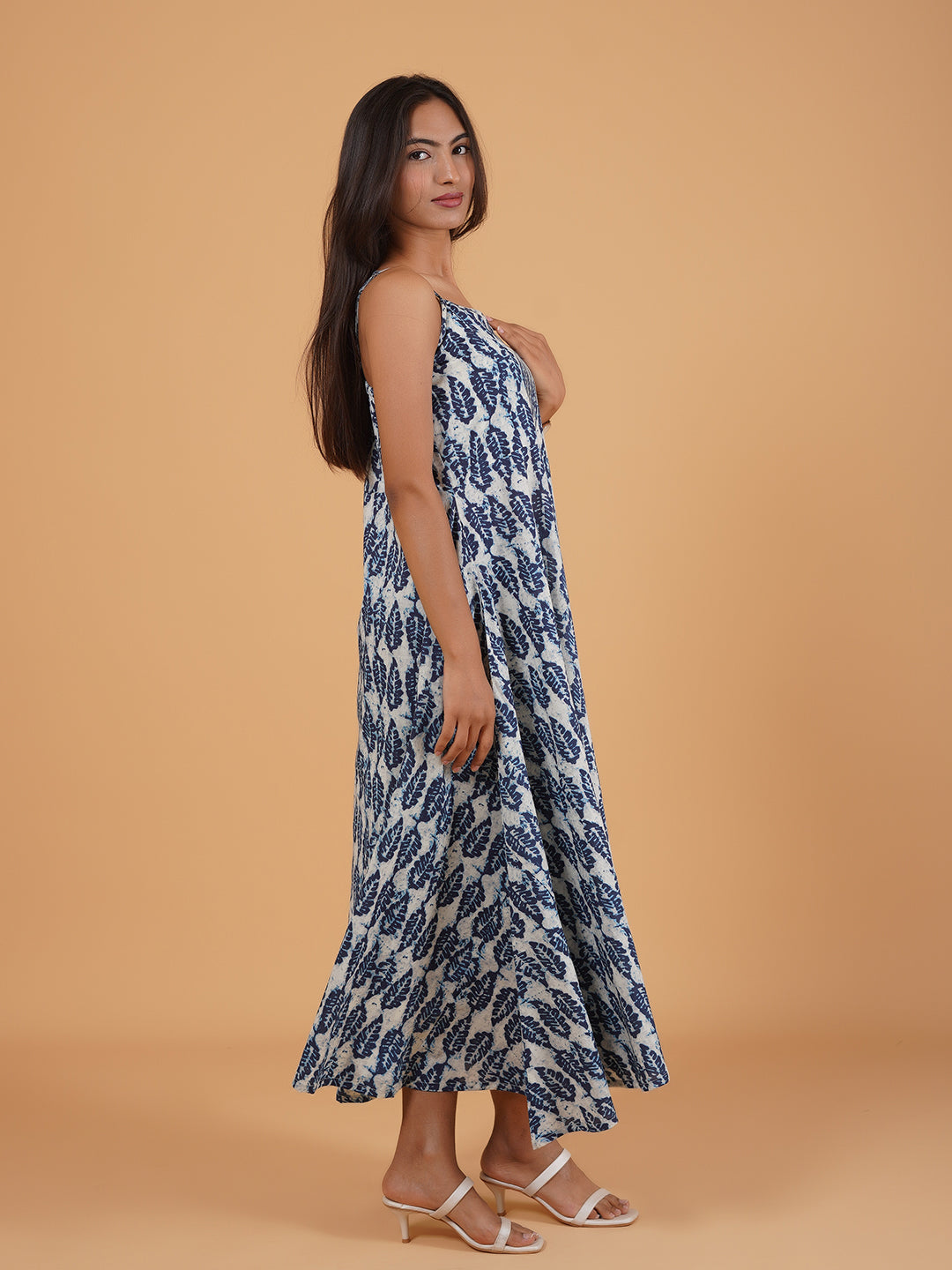 Blue Printed Long Cotton Spaghetti Dress