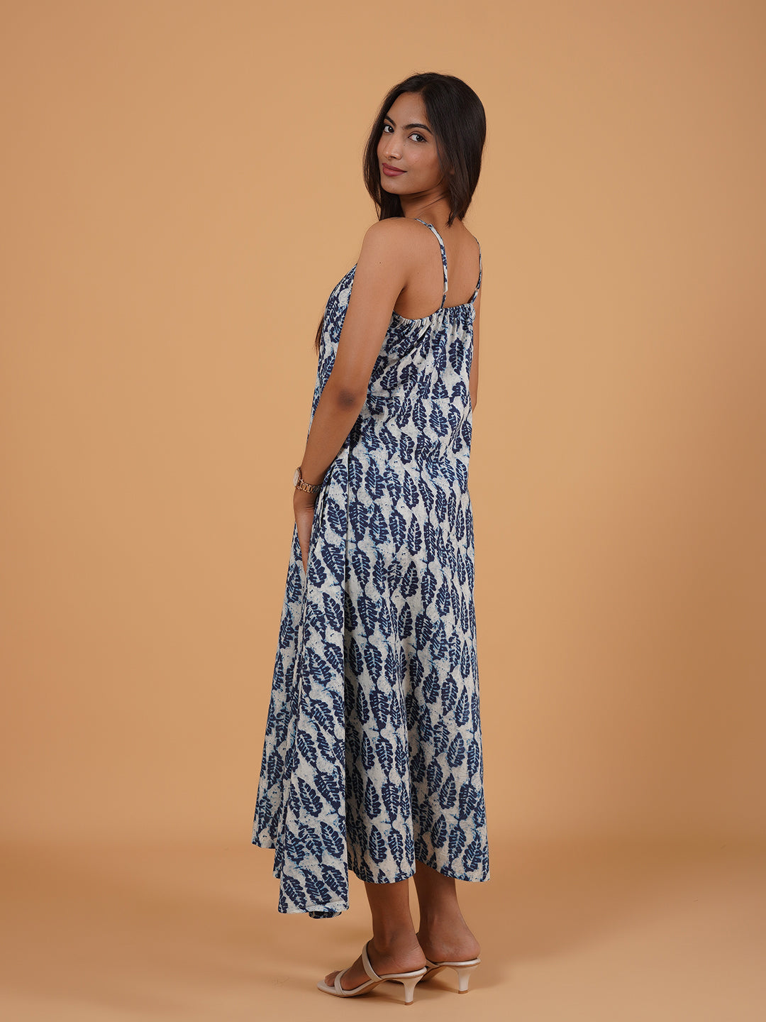 Blue Printed Long Cotton Spaghetti Dress
