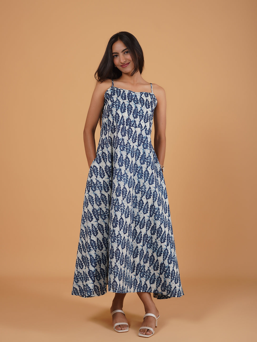 Blue Printed Long Cotton Spaghetti Dress