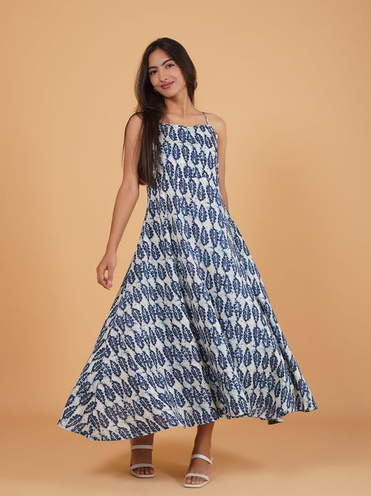Blue Printed Long Cotton Spaghetti Dress