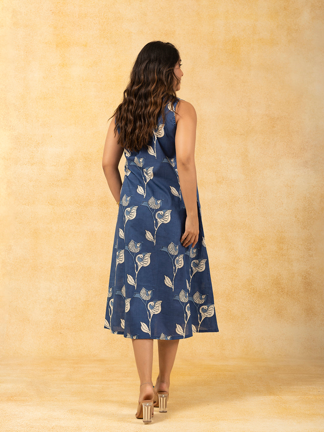 Blue Printed A-Line Sleeveless Cotton Dress