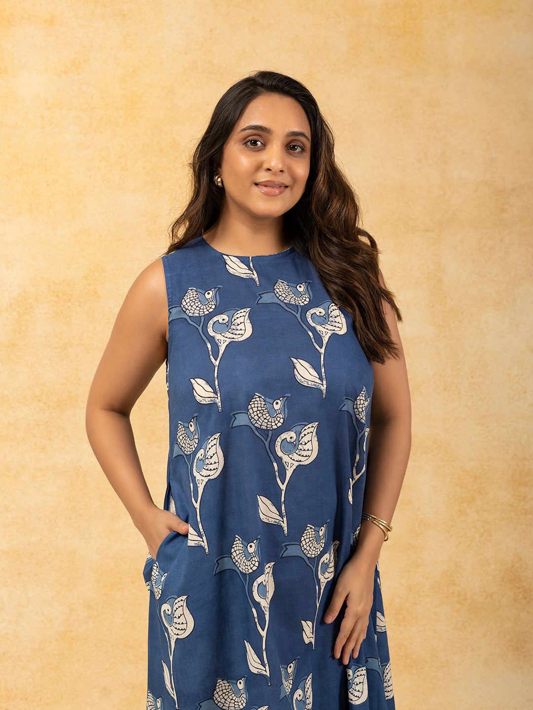 Blue Printed A-Line Sleeveless Cotton Dress