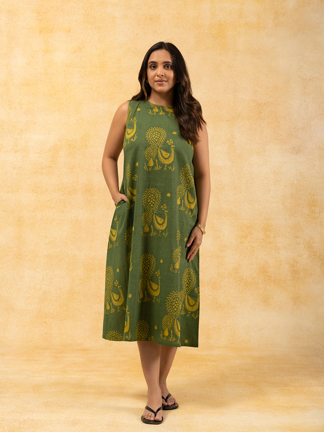 Green Printed A-Line Sleeveless Cotton Dress