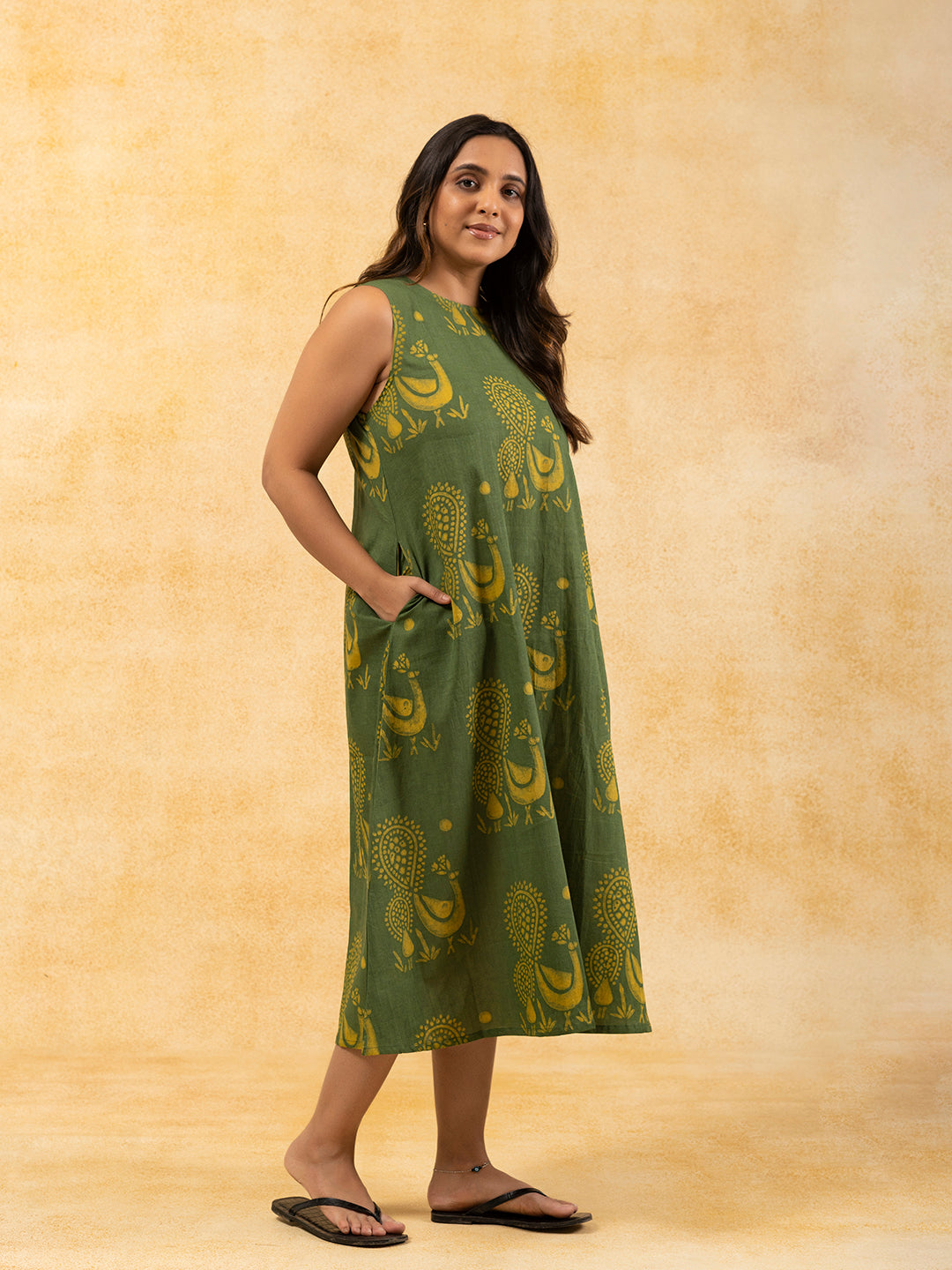 Green Printed A-Line Sleeveless Cotton Dress