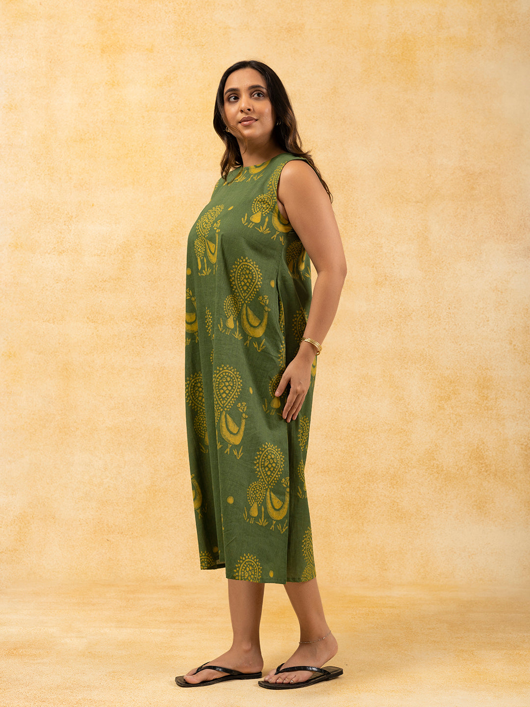 Green Printed A-Line Sleeveless Cotton Dress