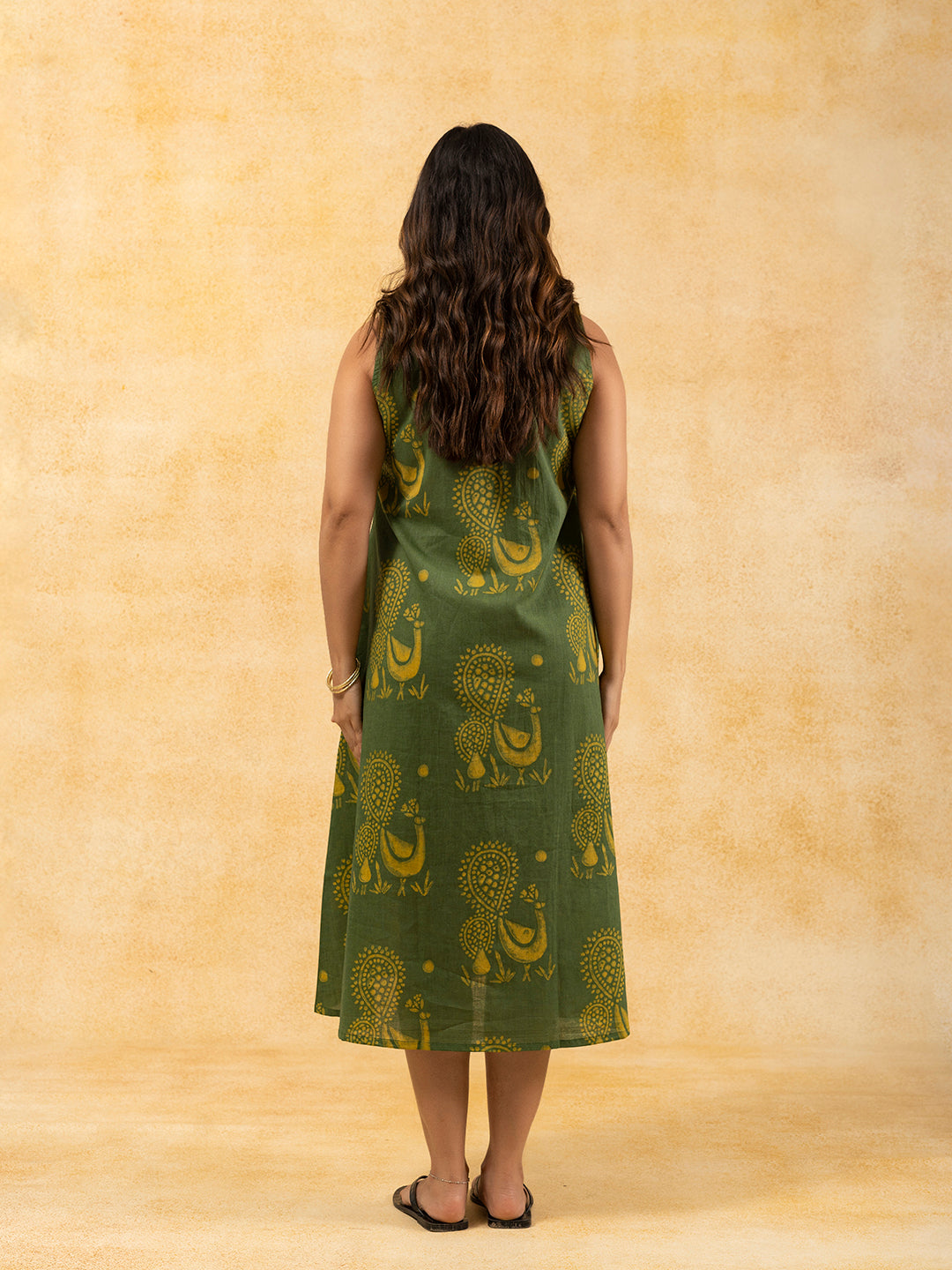 Green Printed A-Line Sleeveless Cotton Dress