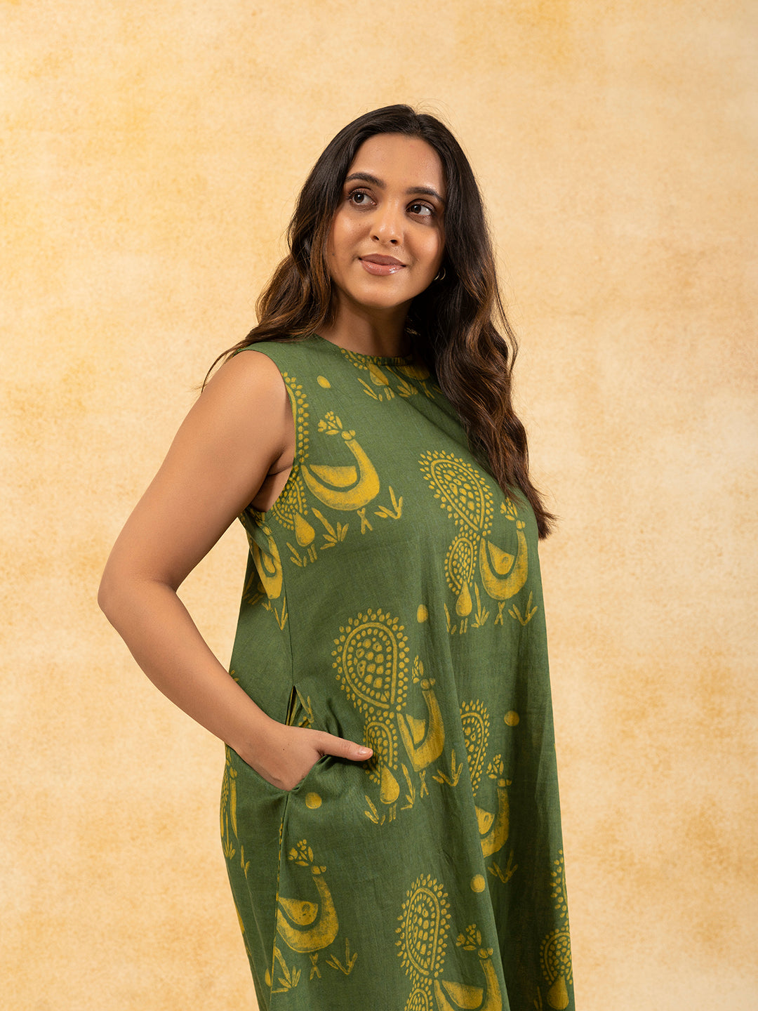 Green Printed A-Line Sleeveless Cotton Dress