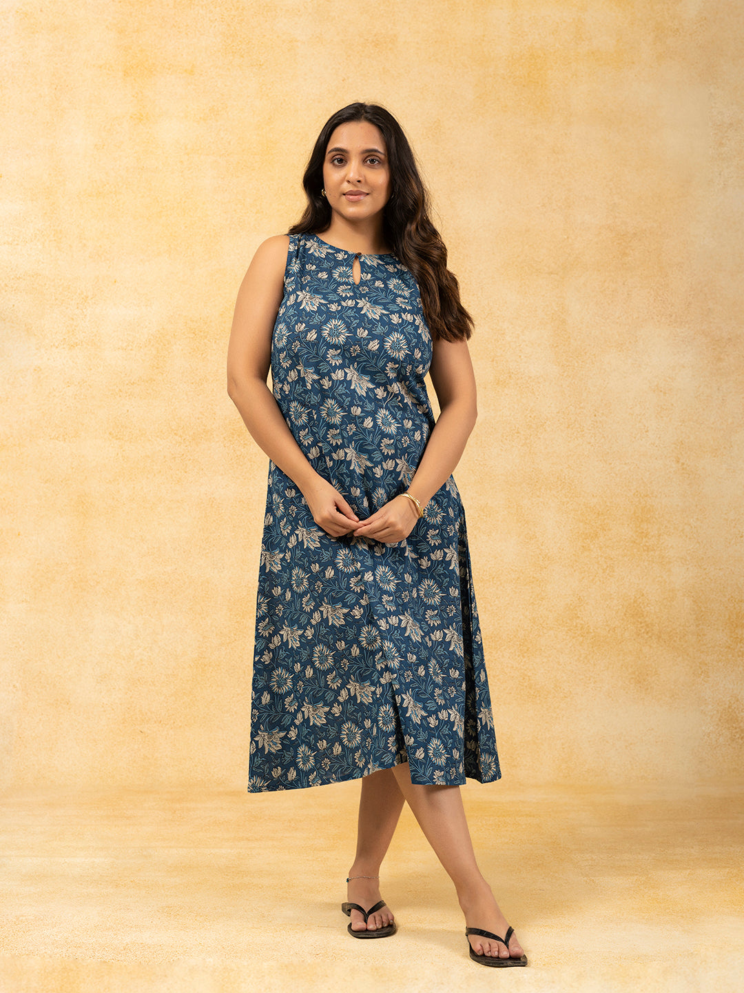 Blue Printed A-Line Sleeveless Cotton Dress
