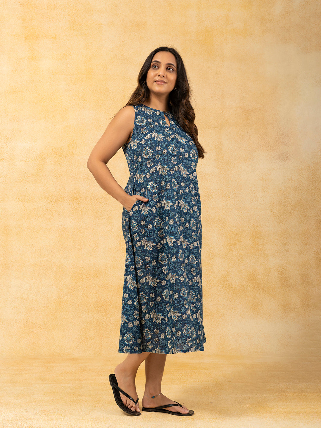 Blue Printed A-Line Sleeveless Cotton Dress