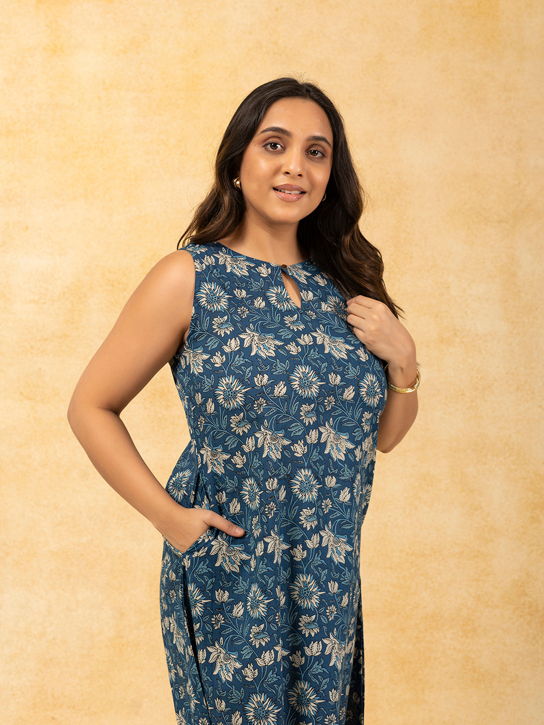 Blue Printed A-Line Sleeveless Cotton Dress