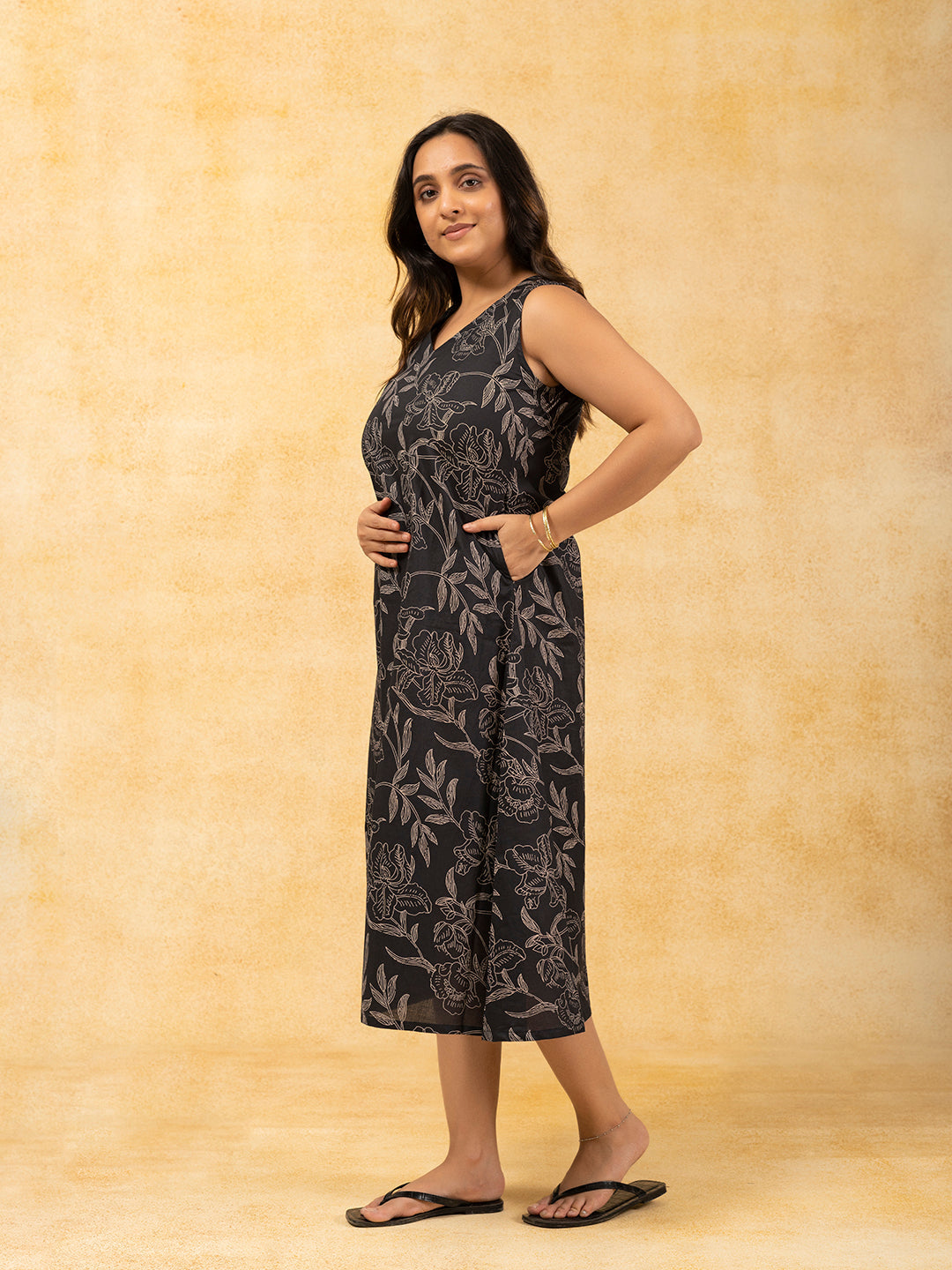 Black Printed A-Line Sleeveless Cotton Dress