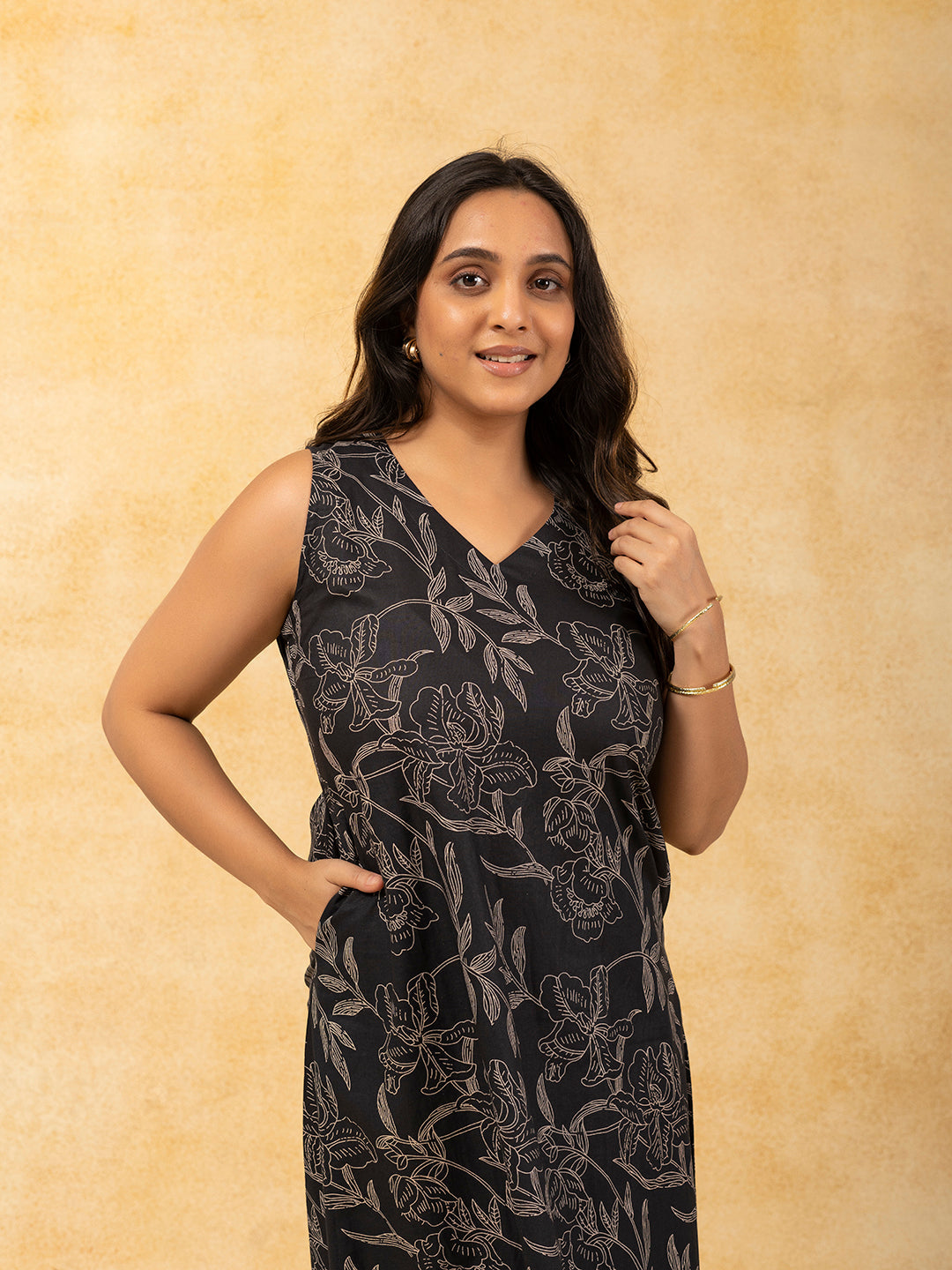 Black Printed A-Line Sleeveless Cotton Dress