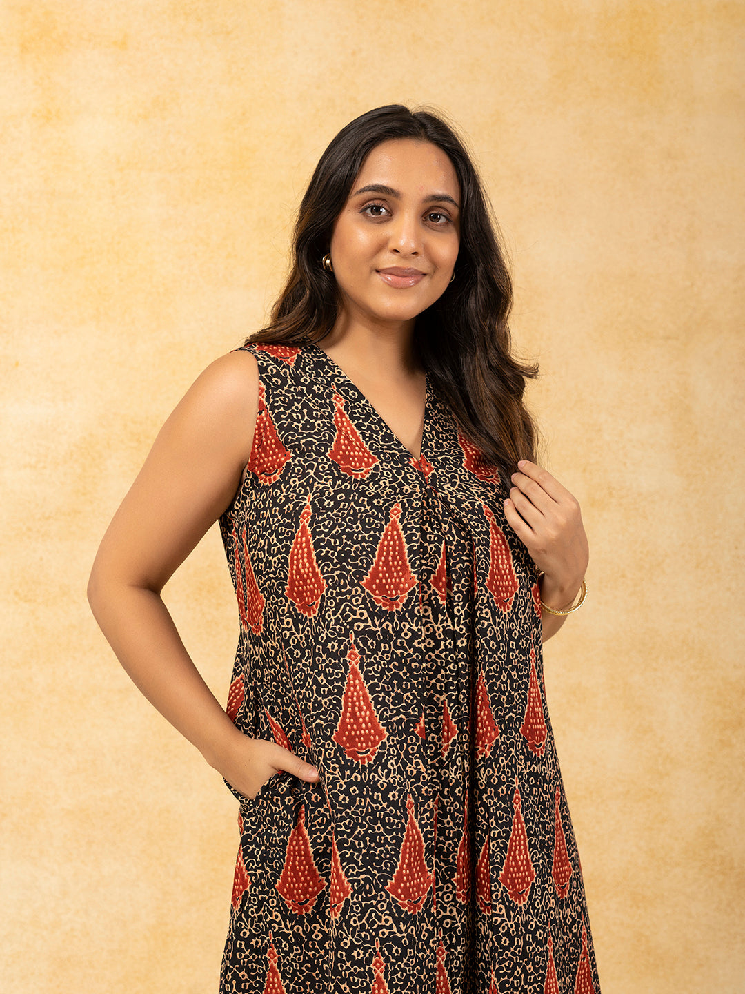 Black Printed A-Line Sleeveless Cotton Dress