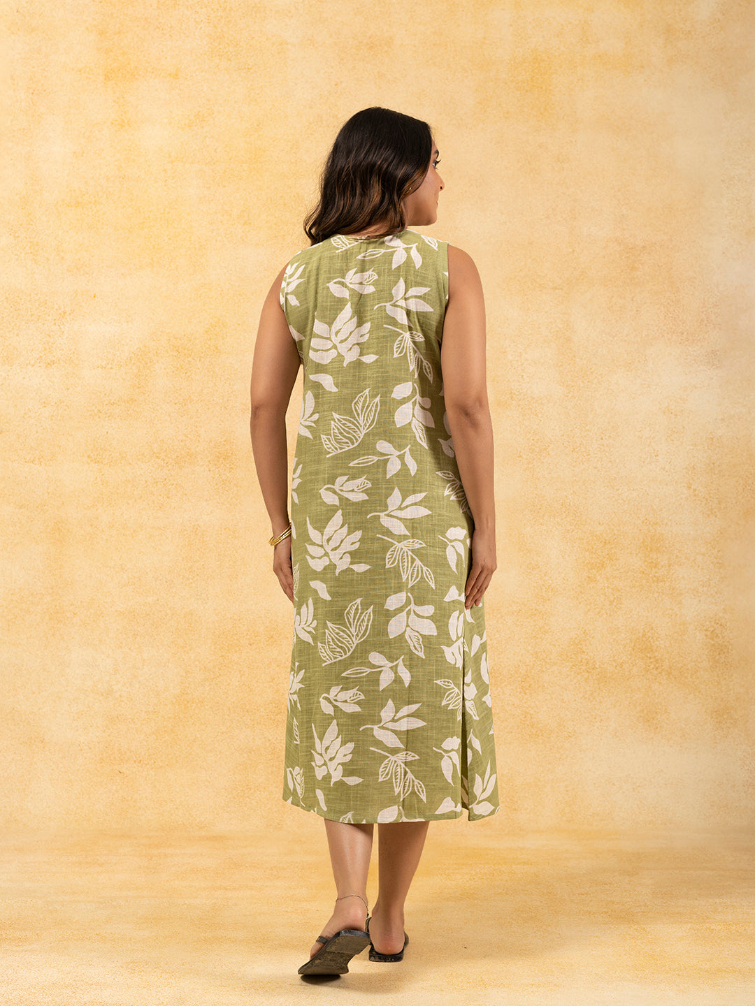 Light Green Printed A-Line Sleeveless Cotton Dress