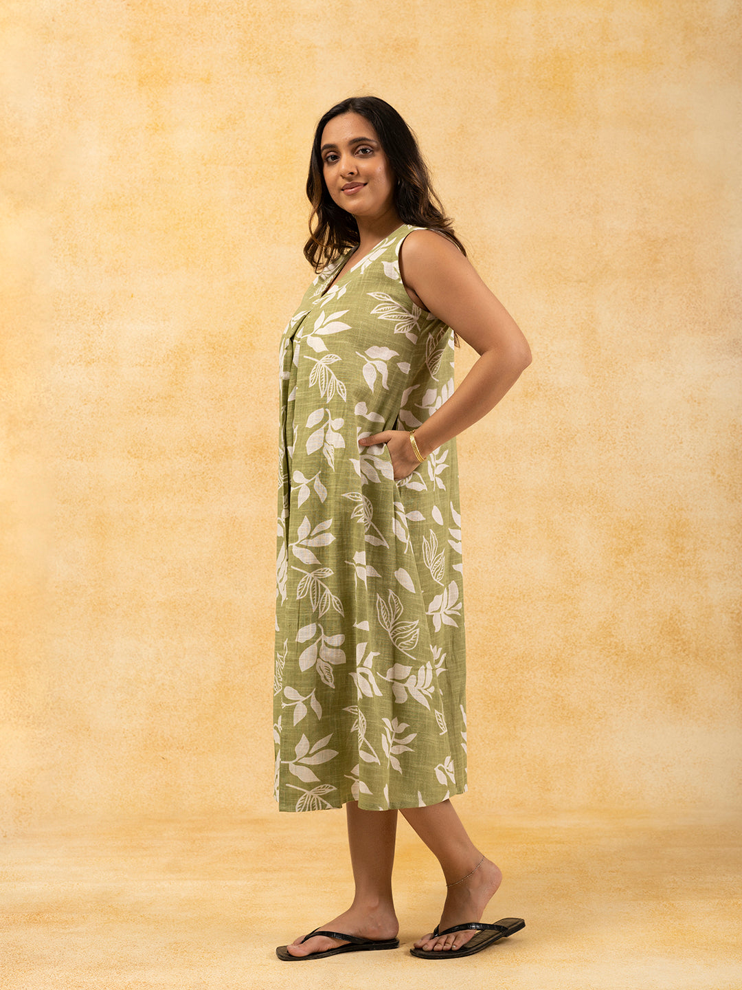 Light Green Printed A-Line Sleeveless Cotton Dress