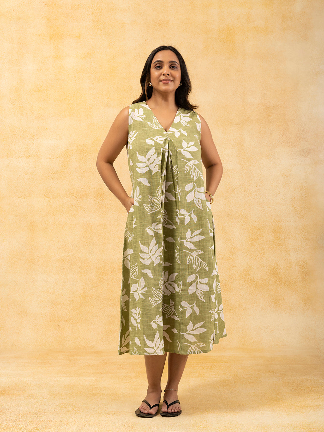 Light Green Printed A-Line Sleeveless Cotton Dress