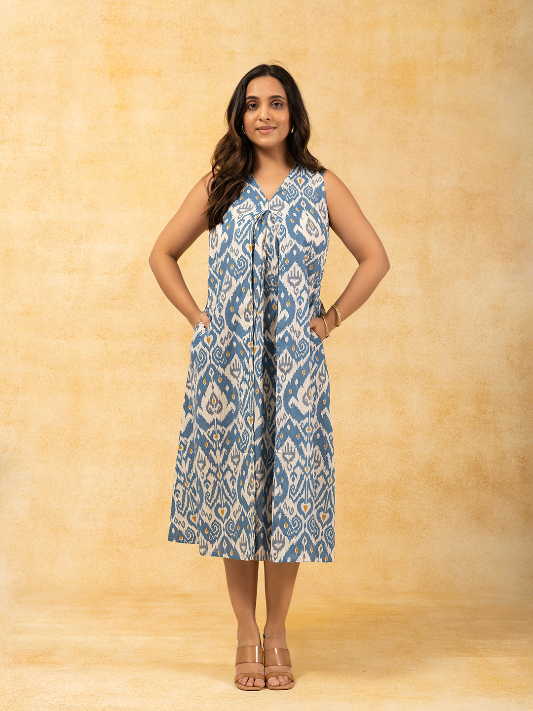 Blue Printed A-Line Sleeveless Cotton Dress