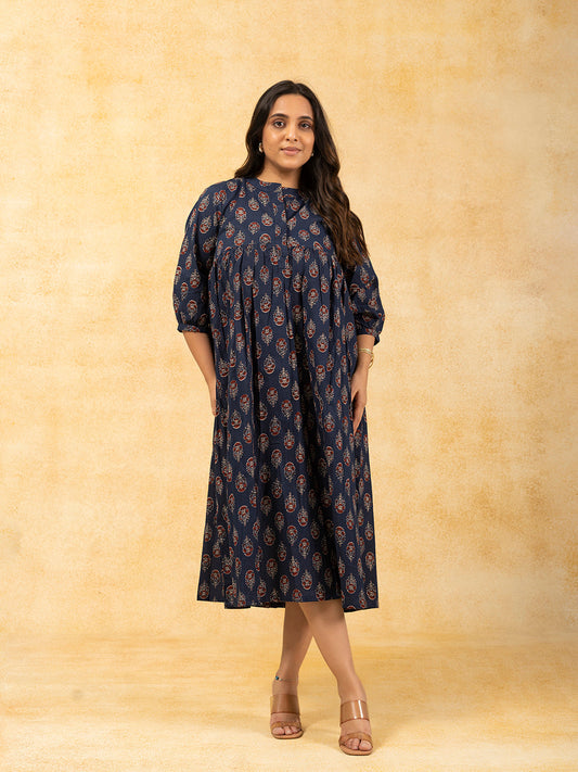 Navy Blue Printed Flared Cotton Dress