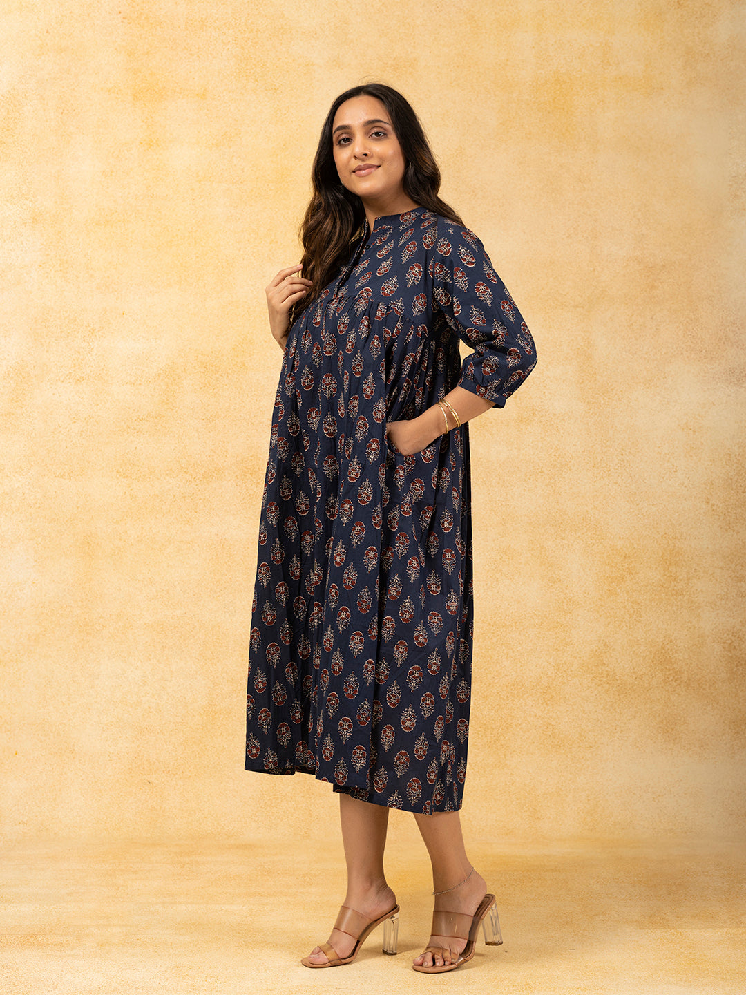 Navy Blue Printed Flared Cotton Dress