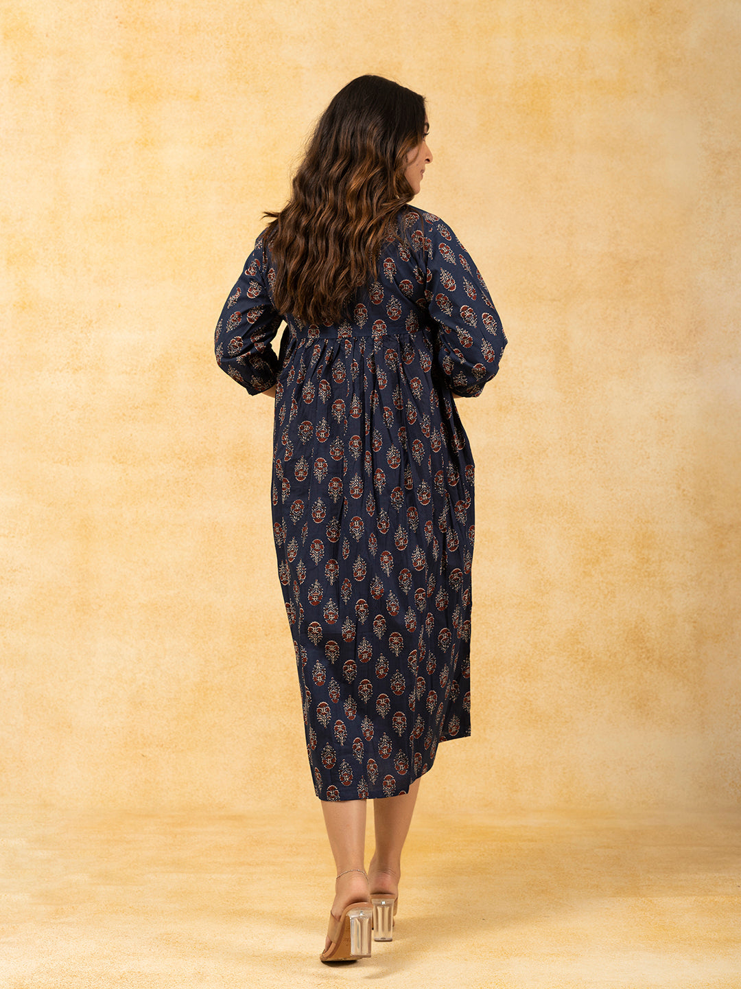 Navy Blue Printed Flared Cotton Dress