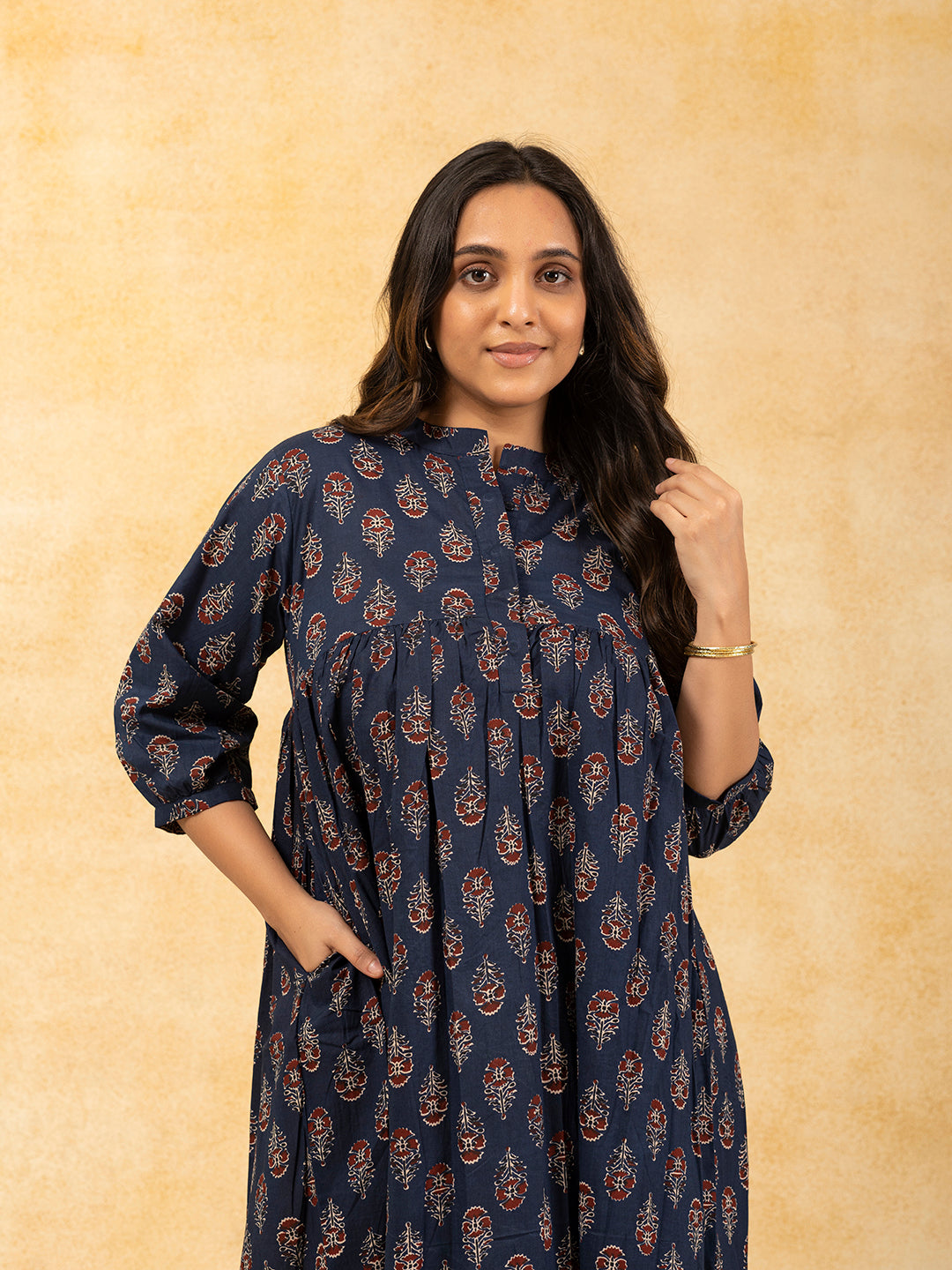 Navy Blue Printed Flared Cotton Dress