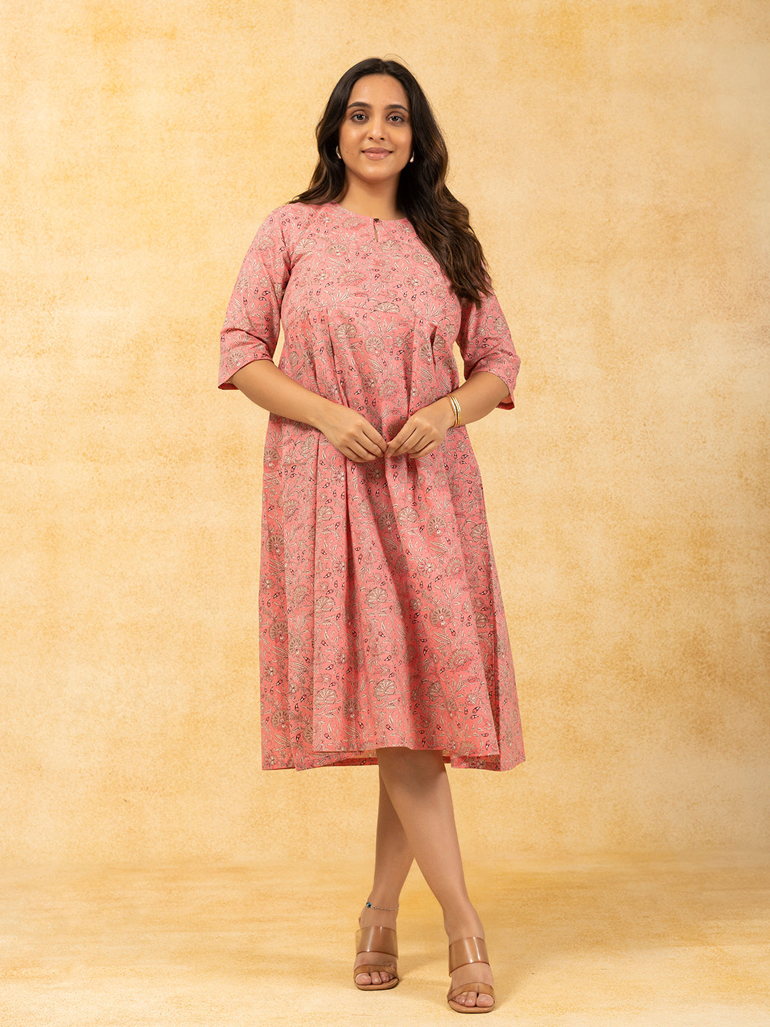 Peach Printed Flared Cotton Dress