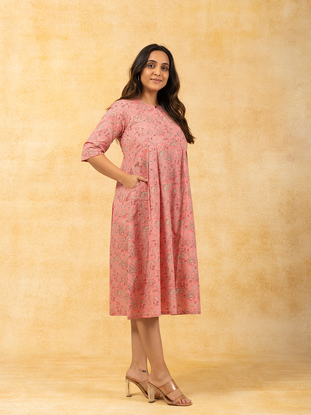 Peach Printed Flared Cotton Dress