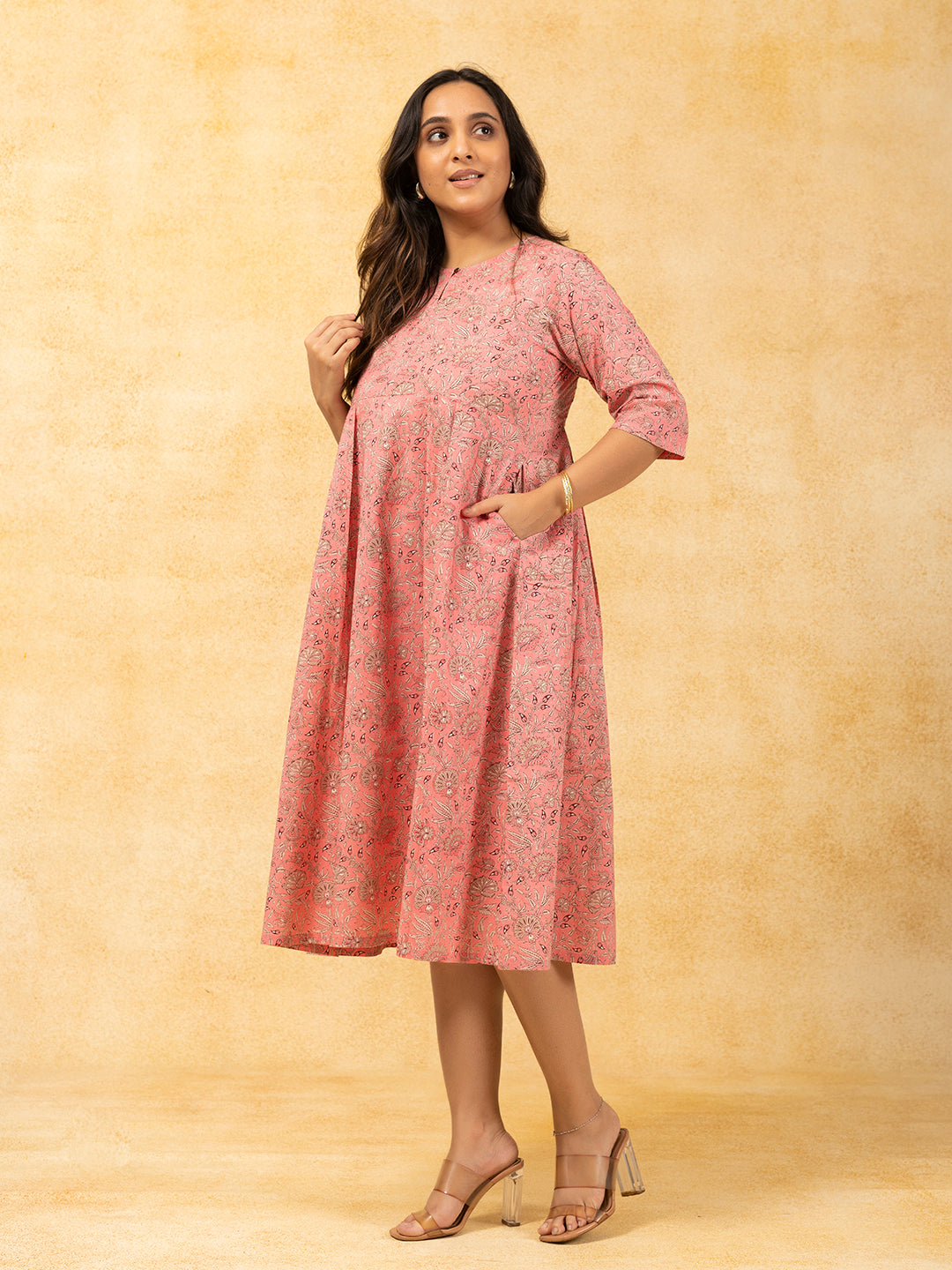 Peach Printed Flared Cotton Dress