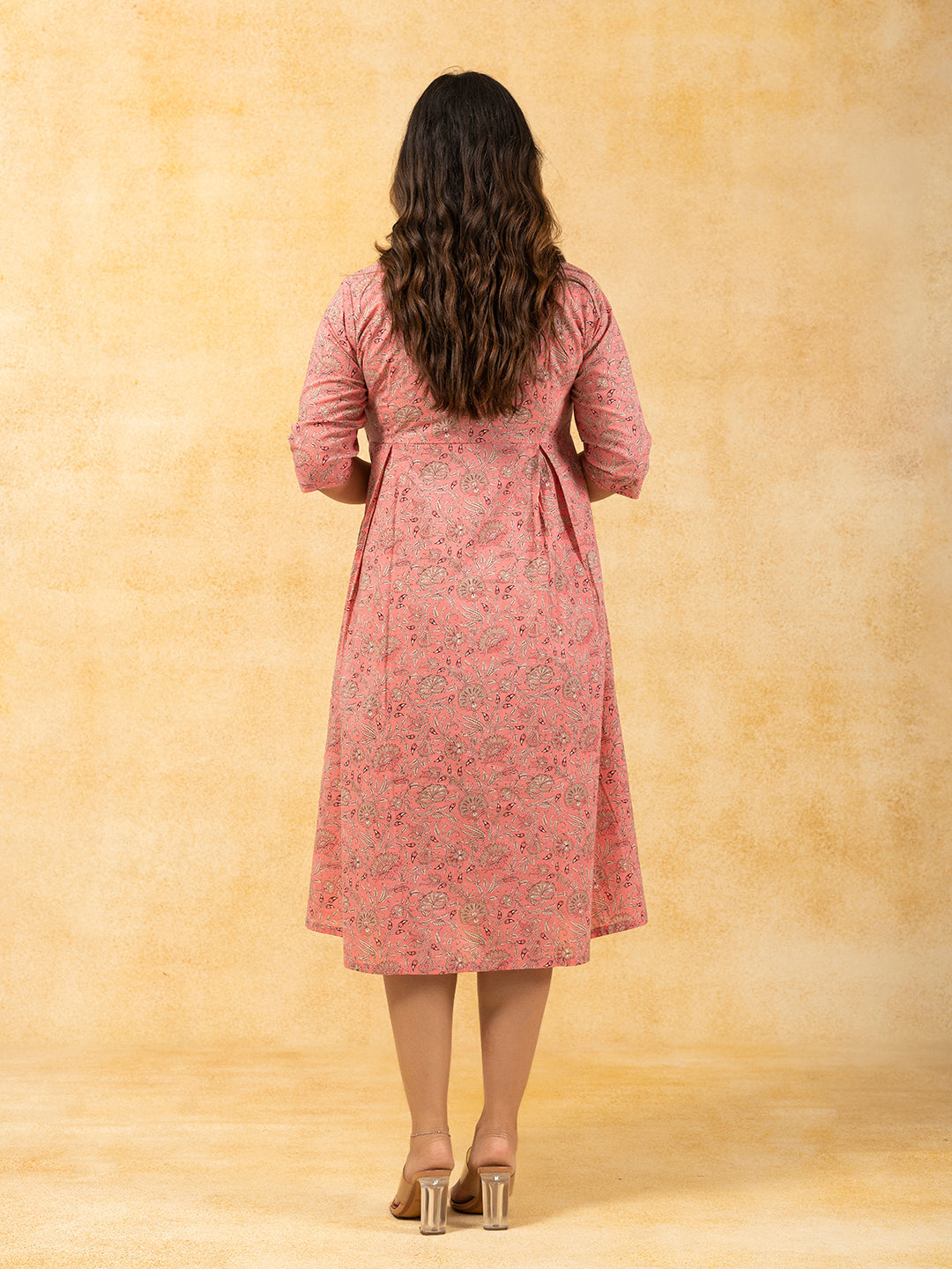 Peach Printed Flared Cotton Dress