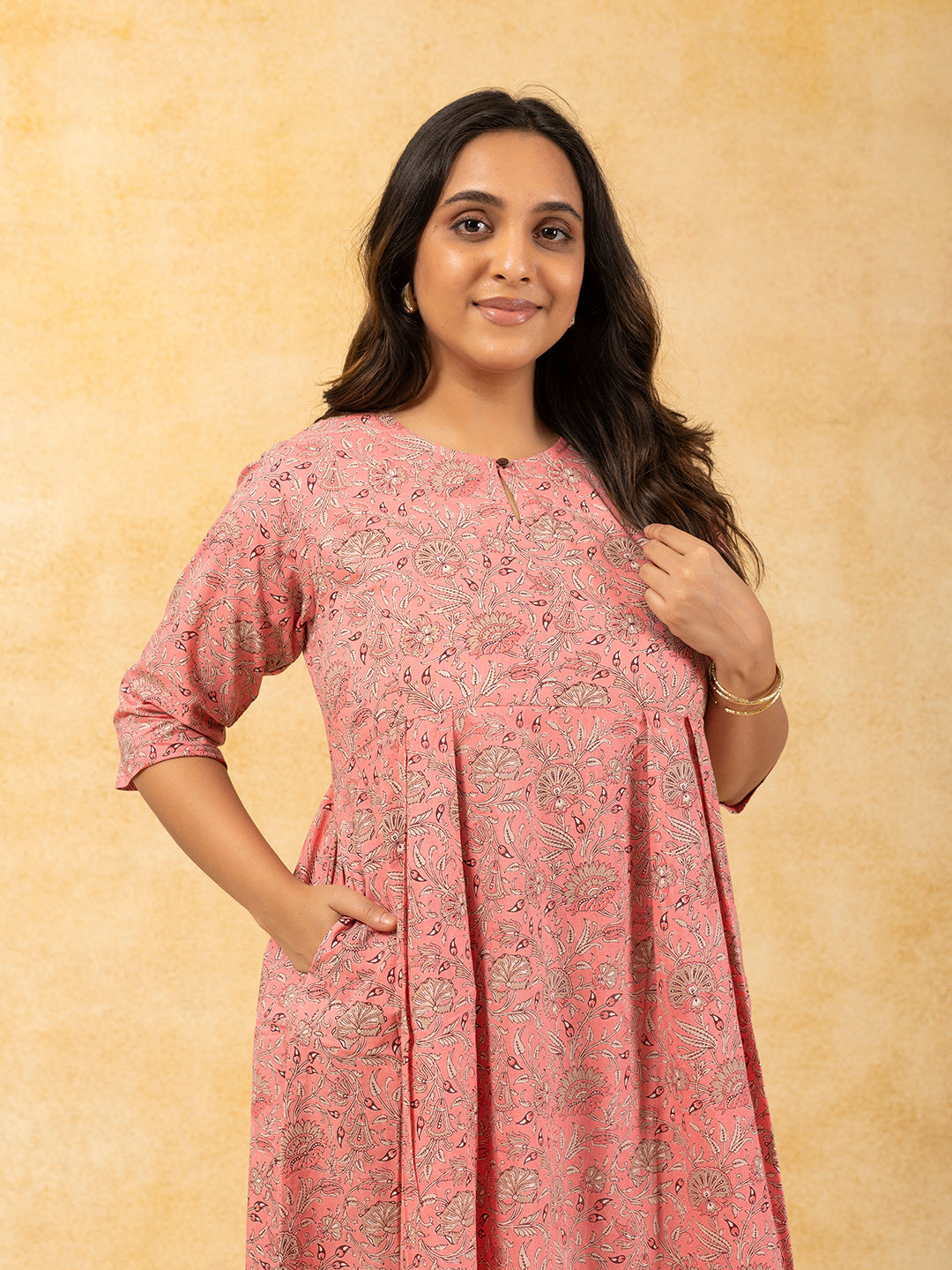 Peach Printed Flared Cotton Dress