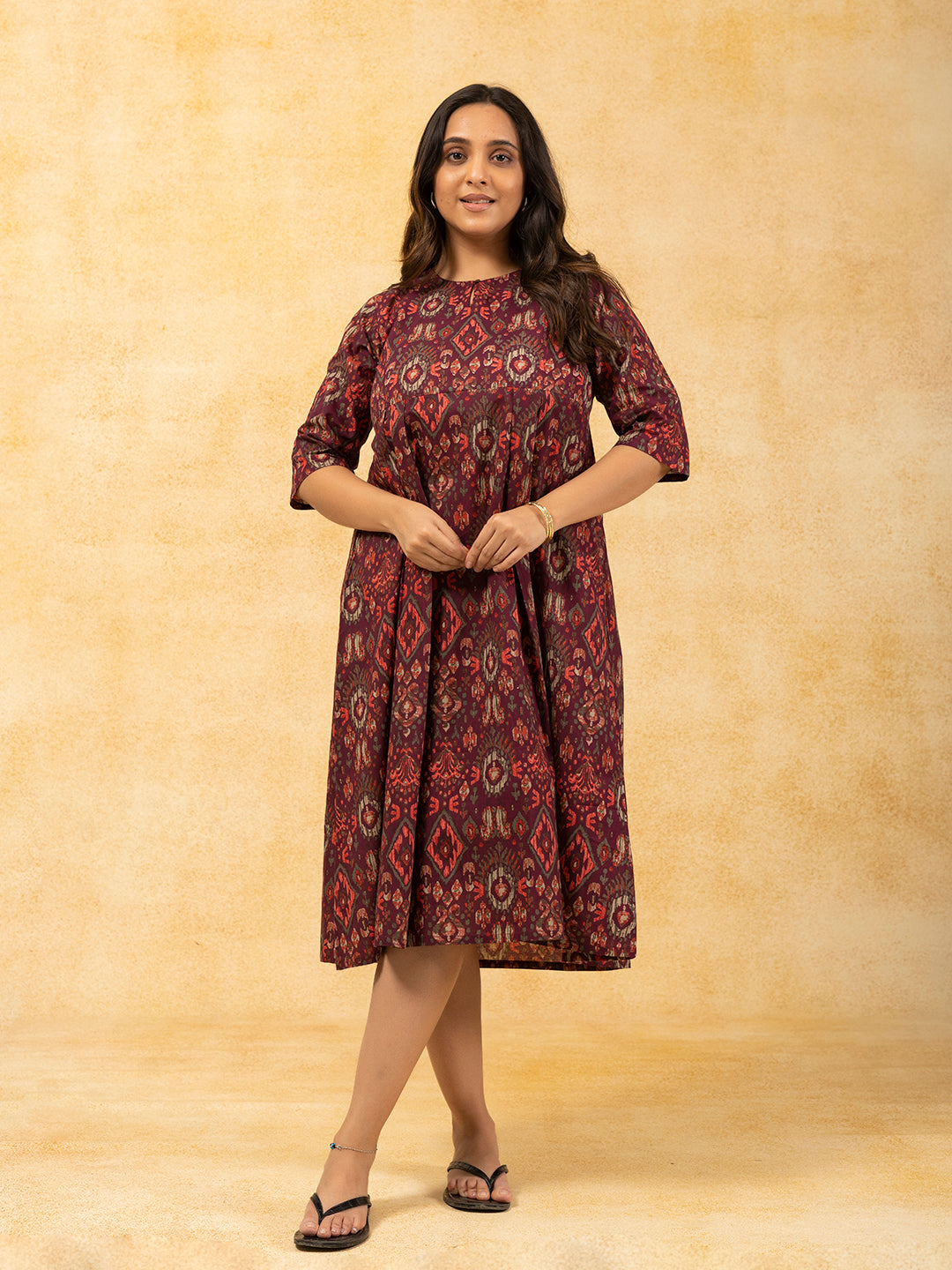 Wine Printed Flared Cotton Dress