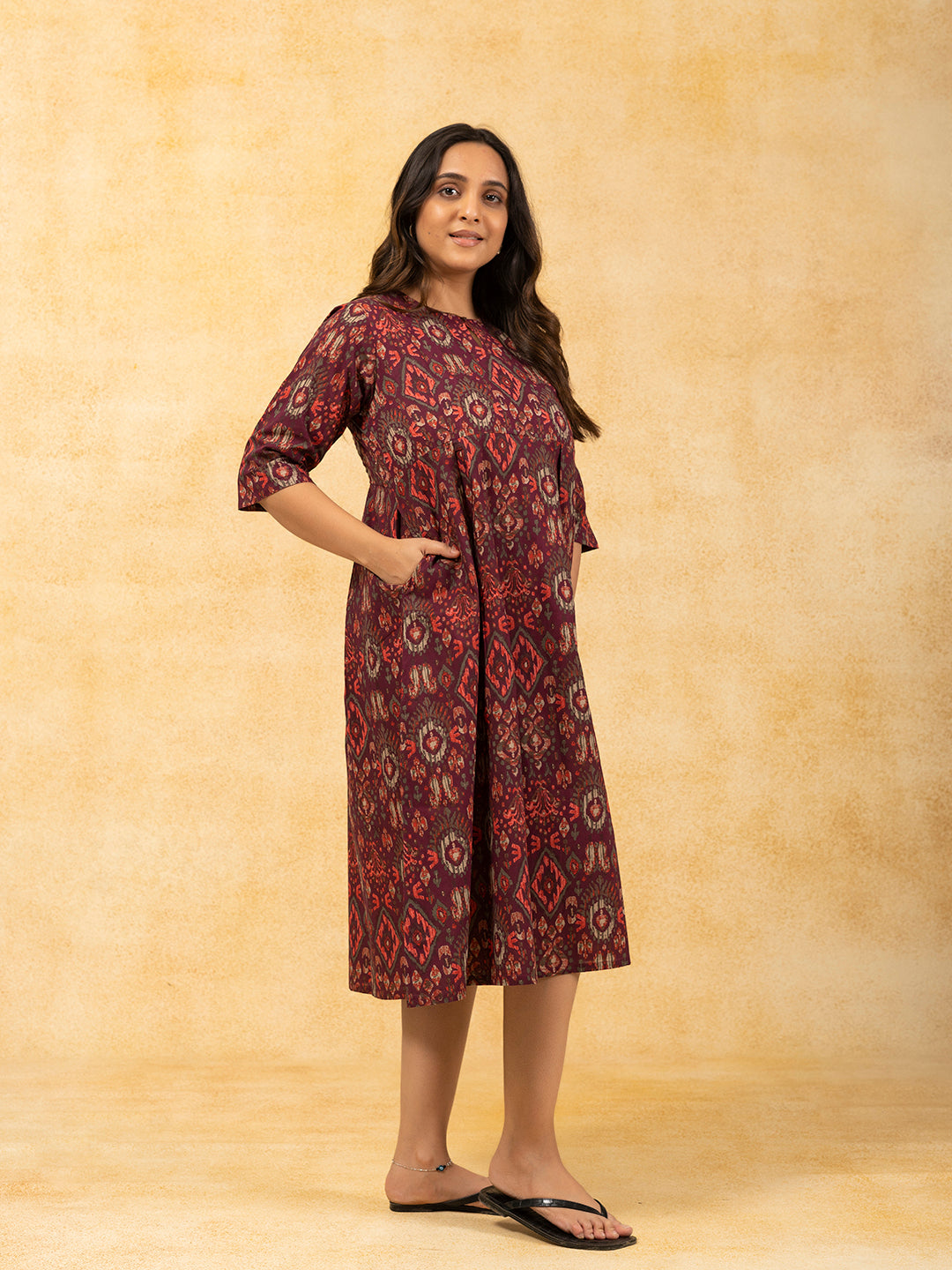 Wine Printed Flared Cotton Dress