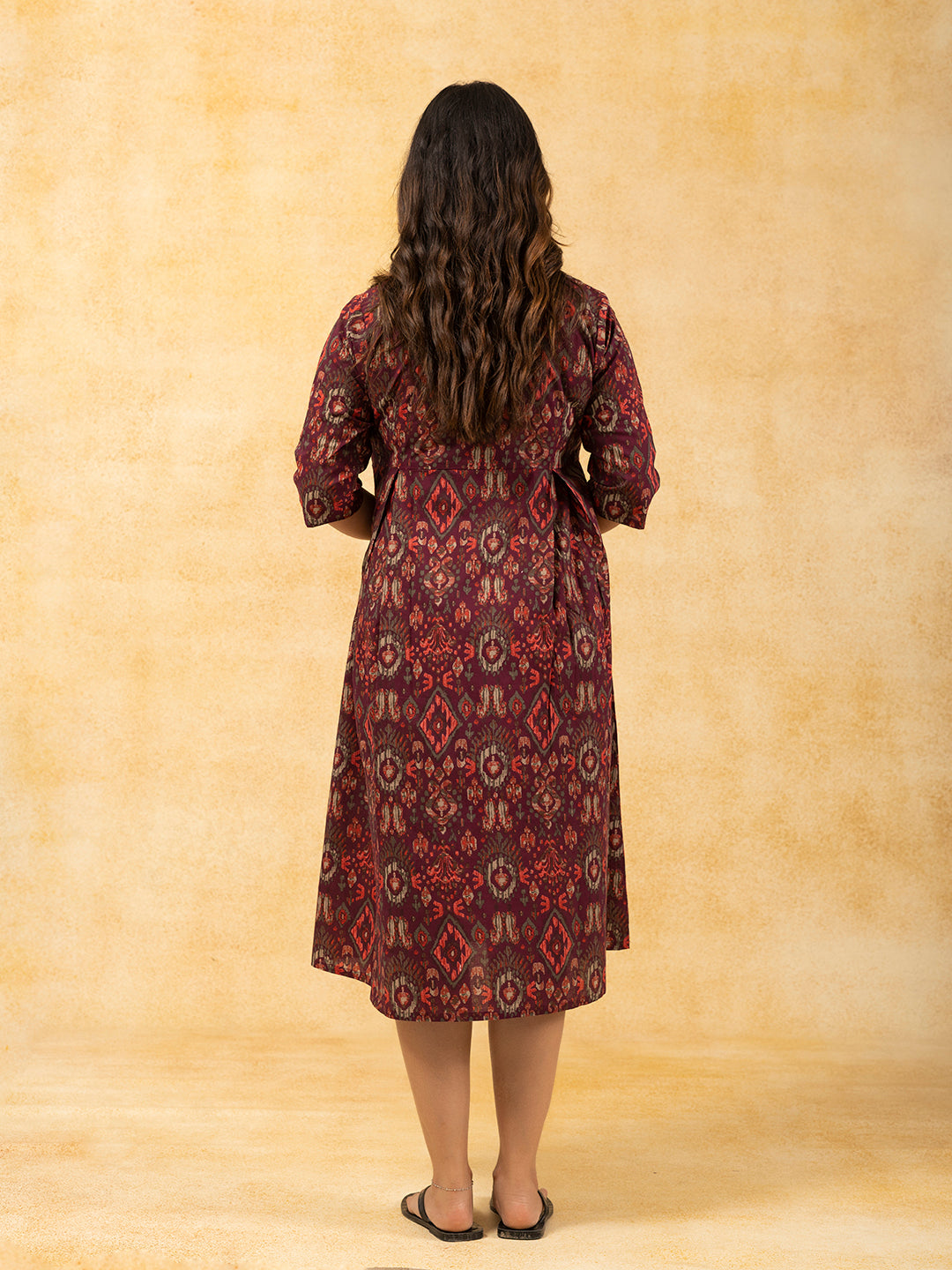 Wine Printed Flared Cotton Dress