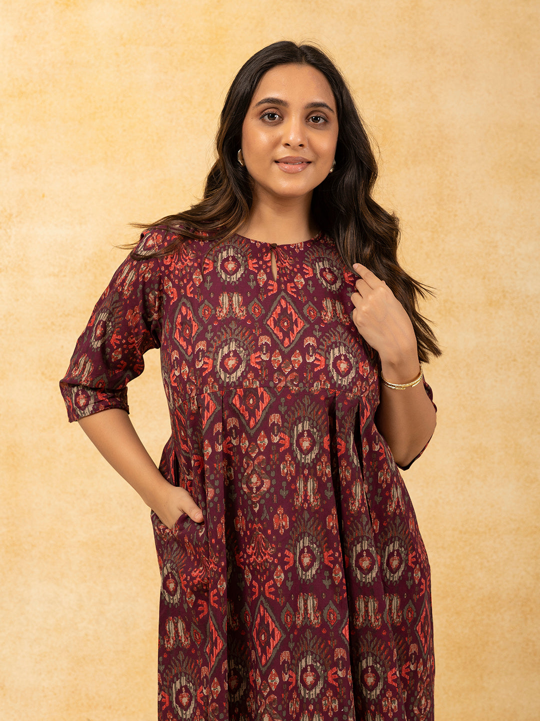 Wine Printed Flared Cotton Dress