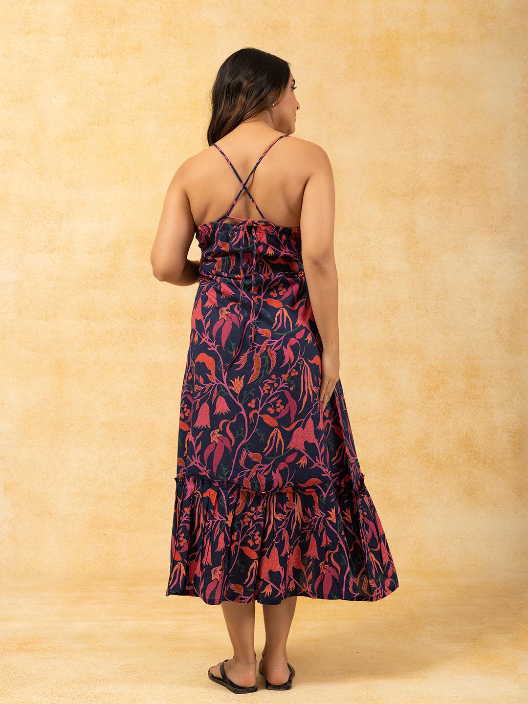 Navy Blue Printed Spaghetti Cotton Dress