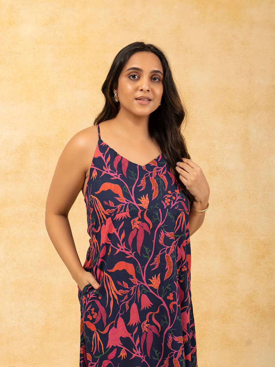 Navy Blue Printed Spaghetti Cotton Dress