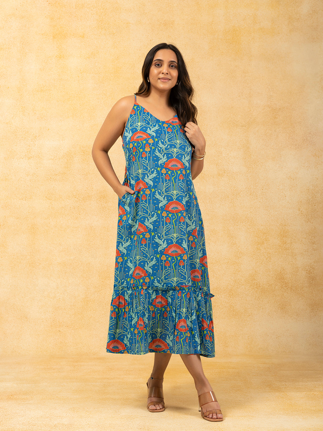 Blue Printed Spaghetti Cotton Dress