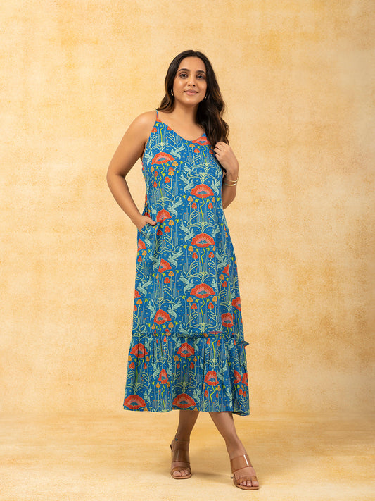 Blue Printed Spaghetti Cotton Dress