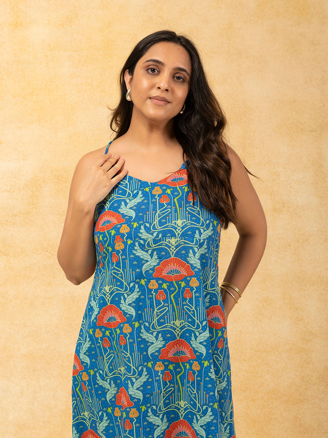 Blue Printed Spaghetti Cotton Dress