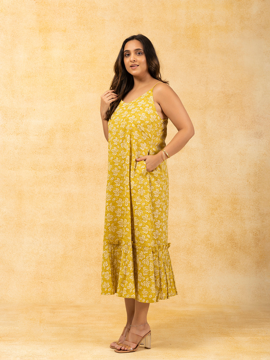 Yellow Printed Spaghetti Cotton Dress