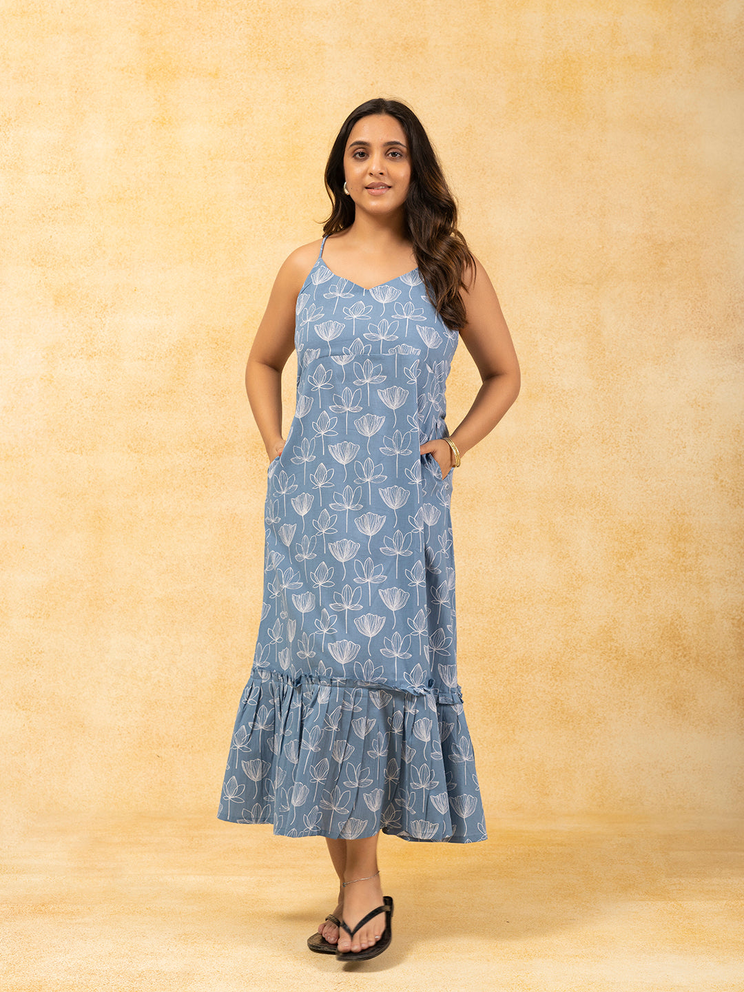 Light Blue Printed Spaghetti Cotton Dress