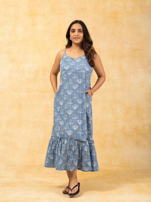 Light Blue Printed Spaghetti Cotton Dress