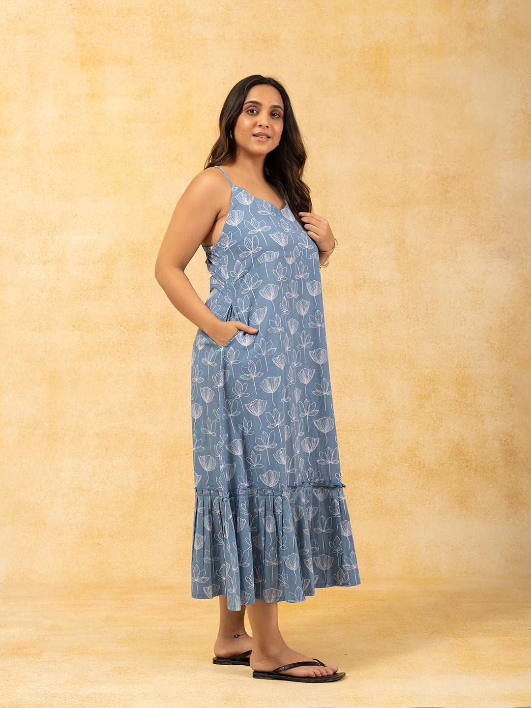 Light Blue Printed Spaghetti Cotton Dress